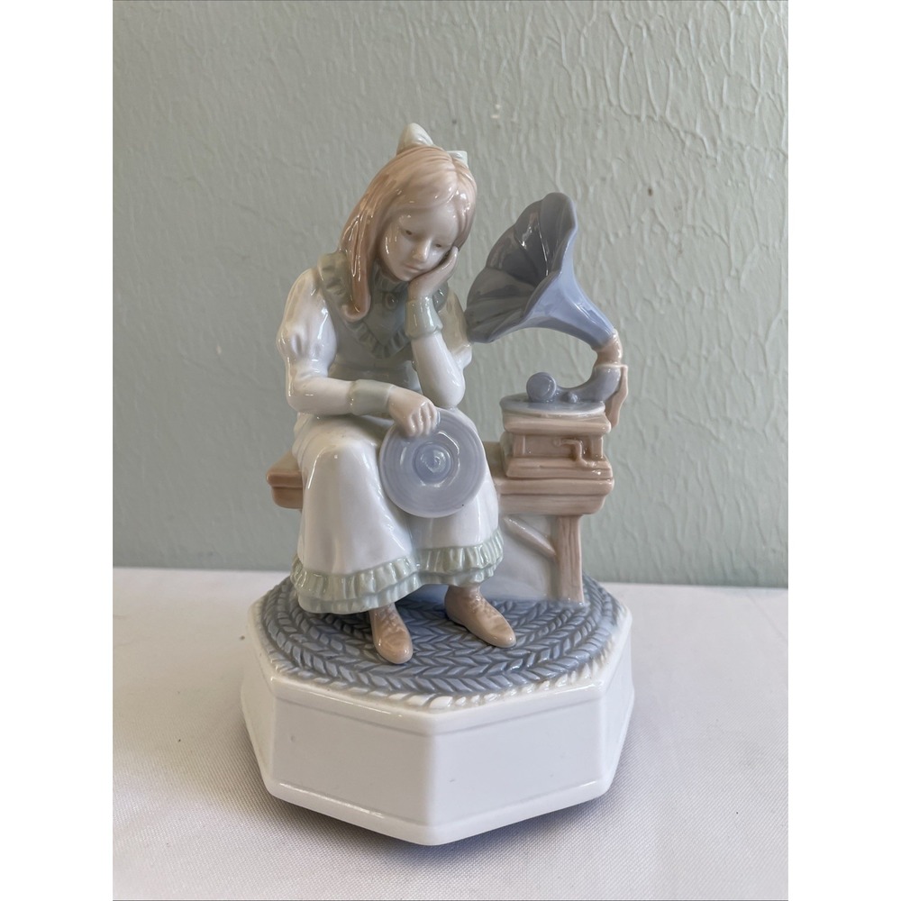Vintage Handcrafted Otagiri Girl Record Rotating Music Box Japan Porcelain Works
